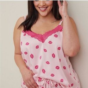 Torrid Pink Lip Print Chemise Tank with Lace
